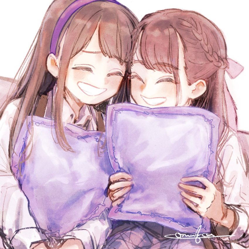 2girls :d ^_^ artist_name assault_lily blush bow braid brown_hair closed_eyes collared_shirt commentary couch cushion dutch_angle french_braid fukuyama_jeanne_sachie grin hair_bow hairband half_updo hands_on_lap hands_up heads_together highres holding holding_cushion kishimoto_maria_mirai komuzuka long_hair long_sleeves ludvico_private_girls'_academy_school_uniform multiple_girls on_couch pink_bow pink_skirt plaid plaid_skirt purple_hairband school_uniform shirt side-by-side sidelocks signature sitting skirt smile suspenders symbol-only_commentary white_shirt
