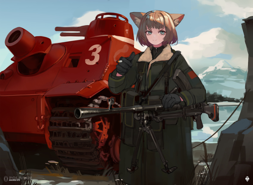 1girl absurdres animal_ears black_gloves blue_eyes brown_hair cigarette closed_mouth coat day gloves green_coat ground_vehicle gun highres holding holding_cigarette holding_gun holding_weapon looking_at_viewer machine_gun medium_hair military military_uniform military_vehicle motor_vehicle original outdoors polilla smile solo standing sturmmorser_tiger tank thumbs_up uniform weapon winter_clothes winter_coat