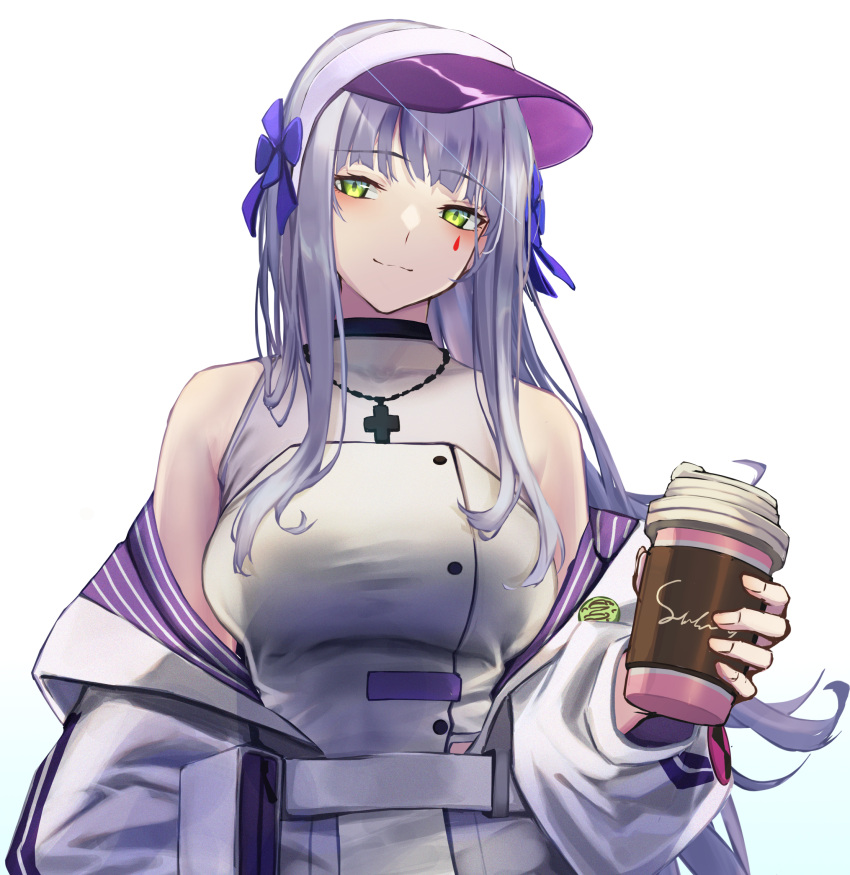 1girl 3_small_spiders bare_shoulders breasts closed_mouth coffee_cup covered_collarbone cup disposable_cup facial_mark girls_frontline green_eyes grey_hair hair_ribbon head_tilt highres hk416_(girls'_frontline) jacket jewelry large_breasts long_hair necklace open_clothes open_jacket ribbon simple_background smirk solo taut_clothes teardrop_facial_mark teardrop_tattoo upper_body very_long_hair visor_cap white_background