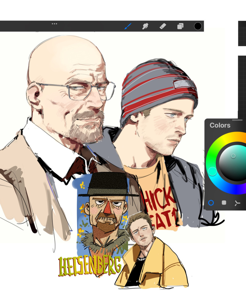 2boys bald beanie beard blue_eyes breaking_bad colart606 facial_hair glasses hat highres jesse_pinkman multiple_boys short_hair walter_white