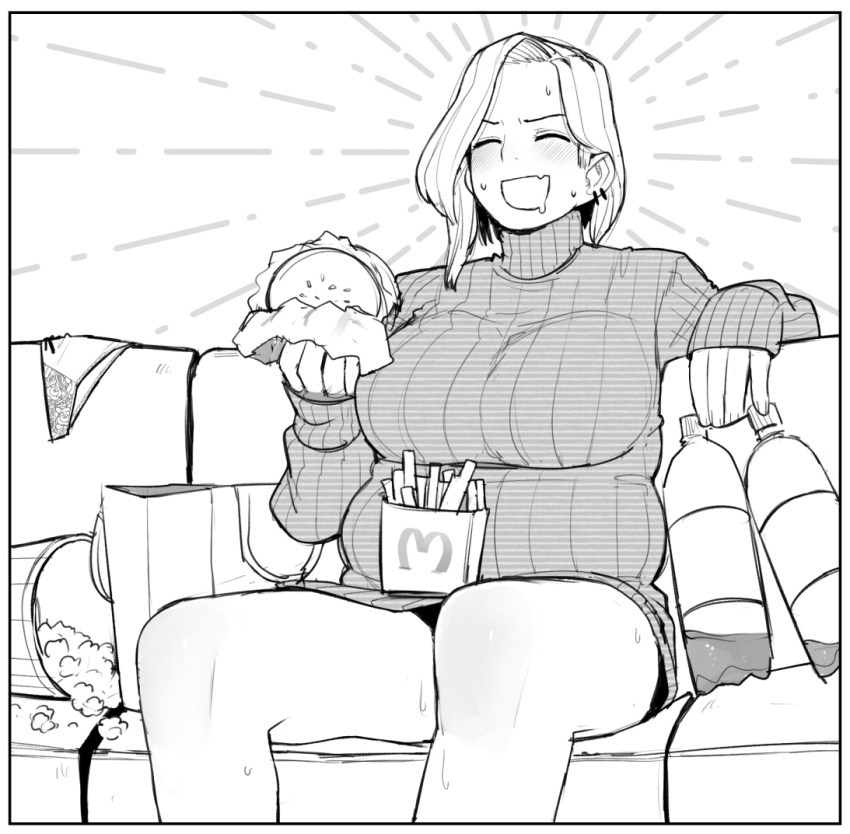 1girl burger couch curvy eating food french_fries laughing mcdonald's monochrome ohasi original pink_(ohasi) popcorn ribbed_sweater sitting soda_bottle sweat sweater turtleneck turtleneck_sweater