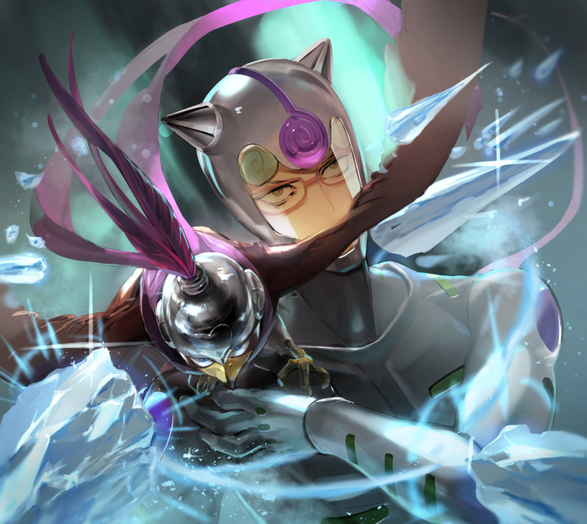 1boy 1other animal at4190_(user_vzac7788) bird black_eyes blue_eyes closed_mouth eagle ghiaccio glasses highres holding holding_animal horus_(stand) ice jojo_no_kimyou_na_bouken looking_at_viewer pet_shop power_connection purple_scarf scarf short_hair stardust_crusaders vento_aureo white_album_(stand)