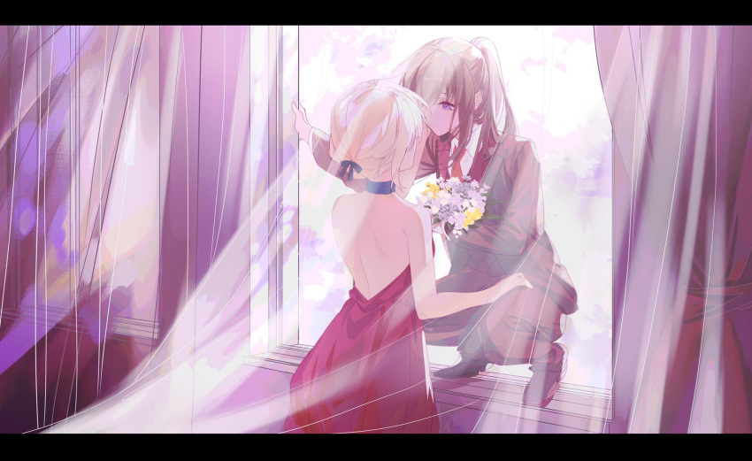 2girls alternate_hairstyle back black_hair blonde_hair bouquet collar curtains dress flower formal highres indoors inoue_takina long_hair looking_at_another lycoris_recoil multiple_girls necktie nishikigi_chisato official_alternate_costume pants ponytail red_dress shoes short_hair squatting suit sunlight violet_eyes walluka windowsill yuri