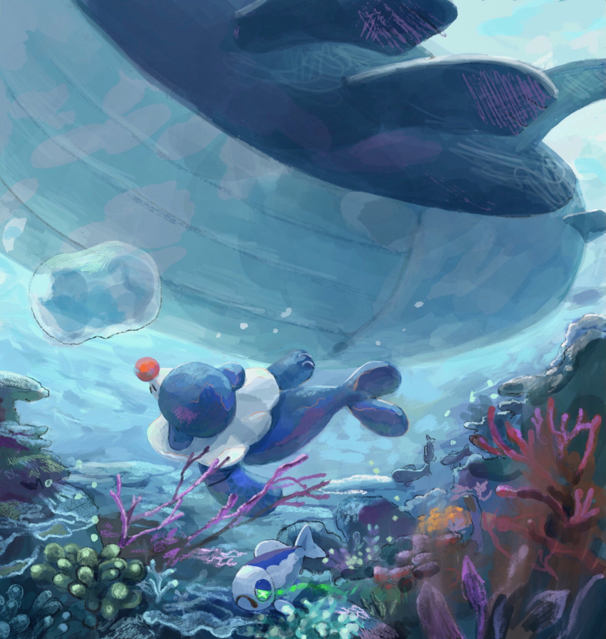 air_bubble animal_focus bubble coral eye_trail fish frown green_eyes highres light_trail no_humans pokemon pokemon_(creature) popplio sakusakufugashi underwater wailord wishiwashi wishiwashi_(solo)