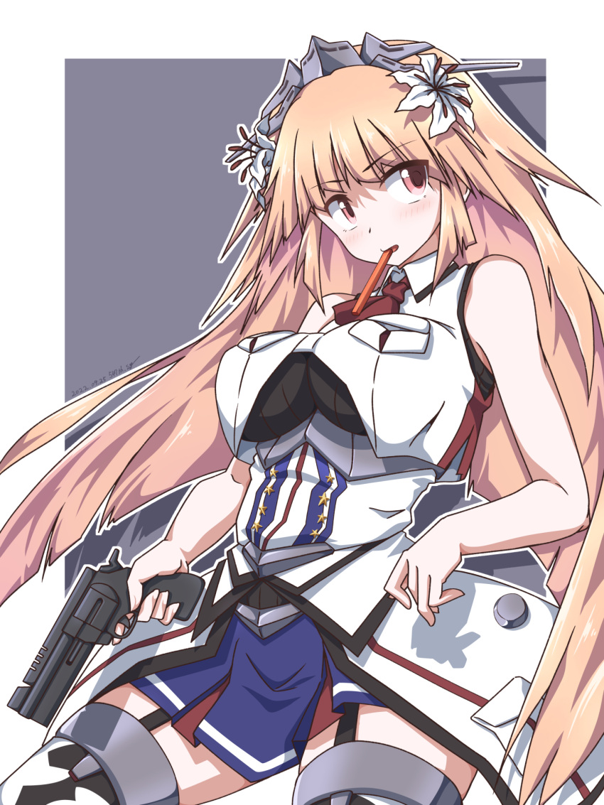 1girl 547th_sy black_shirt blonde_hair blue_skirt breast_pocket breasts brooklyn_(kancolle) commentary_request cowboy_shot garter_straps gun headgear highres holding holding_gun holding_weapon jacket kantai_collection large_breasts long_hair looking_at_viewer military military_uniform mouth_hold neckerchief overskirt pocket red_eyes shirt skirt sleeveless sleeveless_jacket solo stick thigh-highs undershirt uniform weapon weapon_request white_jacket