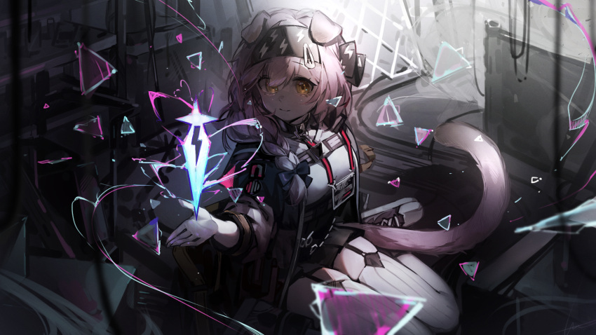 1girl animal_ears arknights black_bow black_footwear black_hairband black_jacket black_skirt bow braid cat_ears cat_girl cat_tail floppy_ears garter_straps goldenglow_(arknights) hair_bow hair_ornament hairband hairclip highres id_card jacket lanyard libiadan light_smile lightning_bolt_print long_hair looking_at_viewer open_clothes open_hand open_jacket originium_arts_(arknights) print_bow print_hairband scissors shirt shoes sitting skirt solo tail thigh-highs wariza white_shirt white_thighhighs yellow_eyes