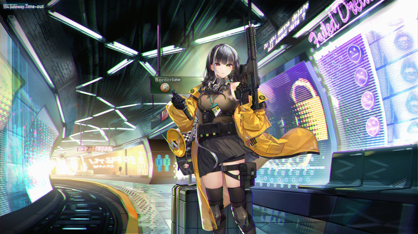 1girl 504_gateway artist_name black_gloves black_hair black_thighhighs breasts chromatic_aberration coat girls_frontline gloves gun heterochromia highres holding holding_gun holding_weapon large_breasts long_hair looking_at_viewer official_art railroad_tracks red_eyes ro635_(girls'_frontline) solo subway_station thigh-highs weapon yellow_coat yellow_eyes zettai_ryouiki