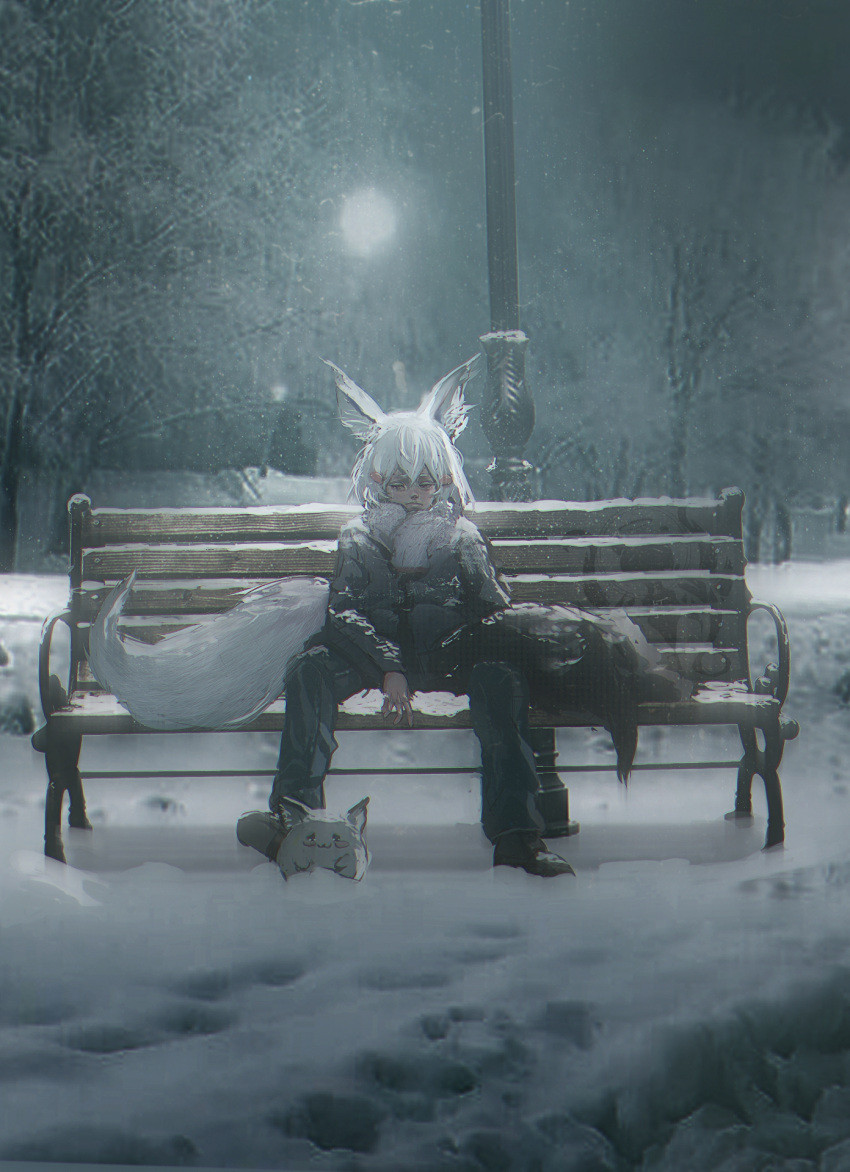 1girl animal_ear_fluff animal_ears black_jacket boots brown_footwear closed_eyes closed_mouth denim fox_ears fox_girl fox_tail frown full_body full_moon highres jacket jeans lamppost legs_apart moon moonlight night outdoors pants phase_connect scarf scenery sitting snow snowing solo tail taku_artworks tenma_maemi theo_(tenma_maemi) virtual_youtuber white_hair wooden_bench