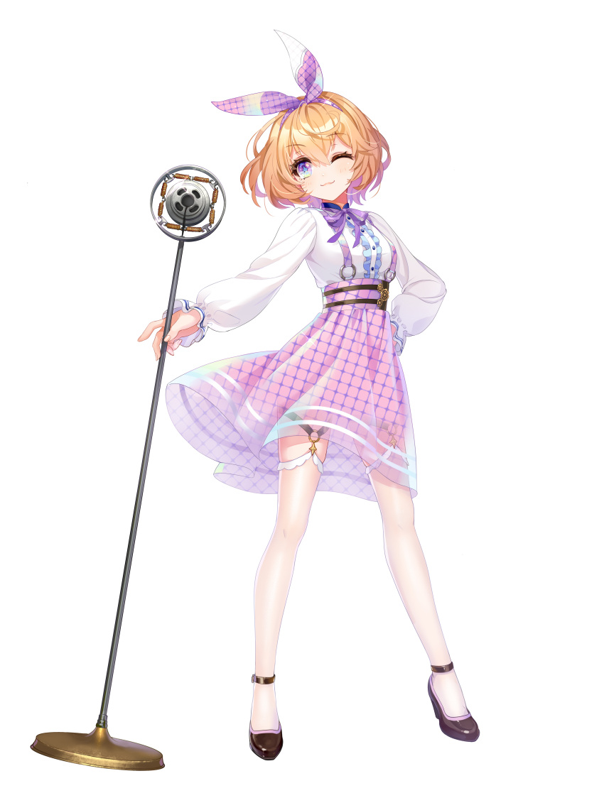 1girl ;3 absurdres ankle_strap black_footwear bob_cut cross-shaped_pupils frilled_shirt frilled_sleeves frilled_thighhighs frills full_body gears gradient_eyes grid hair_ribbon hand_on_hip high_heels highres holding holding_microphone_stand kino_(nebula_beat) legwear_garter long_sleeves looking_at_viewer microphone_stand multicolored_eyes nebula_beat neck_ribbon official_art one_eye_closed orange_hair puffy_long_sleeves puffy_sleeves purple_ribbon purple_skirt ribbon see-through see-through_skirt shirt short_hair skirt solo sparkling_eyes standing suspender_skirt suspenders thigh-highs violet_eyes virtual_youtuber white_background white_shirt white_thighhighs zettai_ryouiki