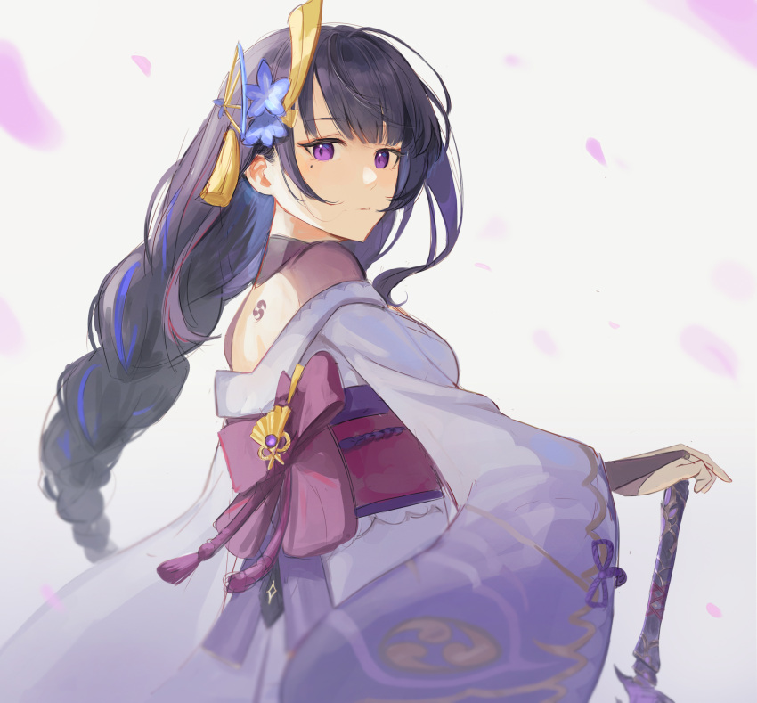1girl absurdres back_tattoo braid breasts bridal_gauntlets closed_mouth commentary dejio from_behind genshin_impact hair_ornament highres holding holding_sword holding_weapon japanese_clothes kimono long_hair long_sleeves looking_at_viewer medium_breasts mole mole_under_eye obi purple_hair purple_kimono raiden_shogun sash single_braid solo sword tattoo upper_body violet_eyes weapon