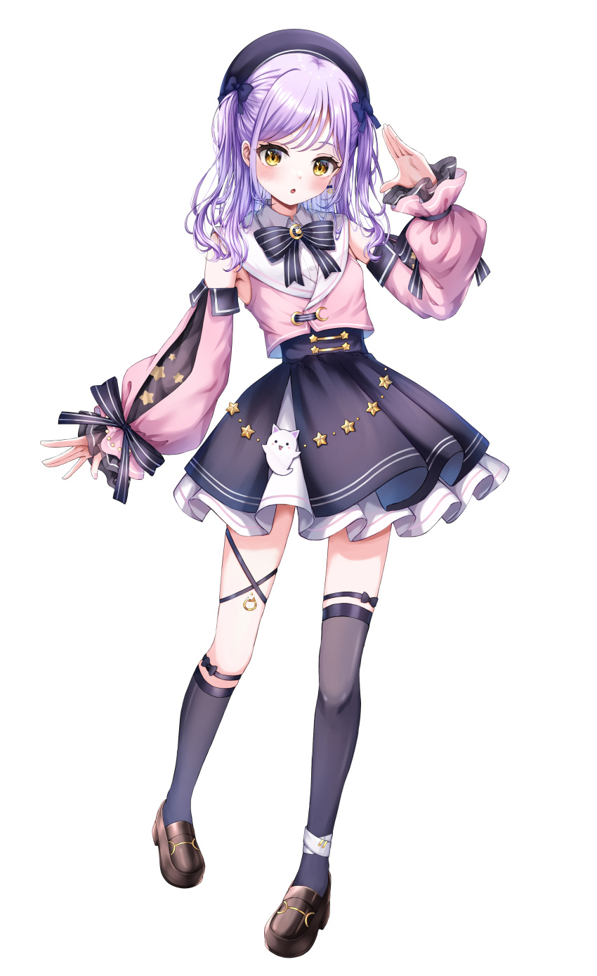 1girl absurdres asymmetrical_legwear black_footwear black_skirt black_thighhighs blush full_body hat highres karashi_(asarikarasi) loafers long_hair long_sleeves open_mouth pink_shirt pleated_skirt purple_hair shinomiya_runa shirt shoes skirt solo star_(symbol) thigh-highs virtual_youtuber vspo! white_background yellow_eyes