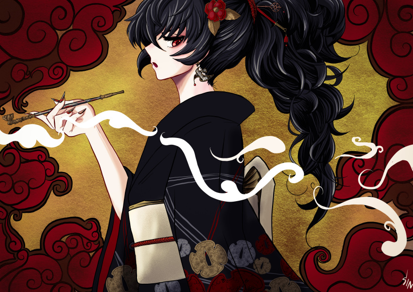 1girl absurdres bangs black_hair black_kimono commentary_request earrings fingernails flower from_side hair_flower hair_ornament hairpin highres holding holding_smoking_pipe japanese_clothes jewelry kimono long_fingernails long_hair long_sleeves nibeoka_shin'yasu open_mouth raven_branwen red_eyes red_flower rwby sharp_fingernails smoke smoking_pipe solo sword_hilt tassel wide_sleeves yellow_background