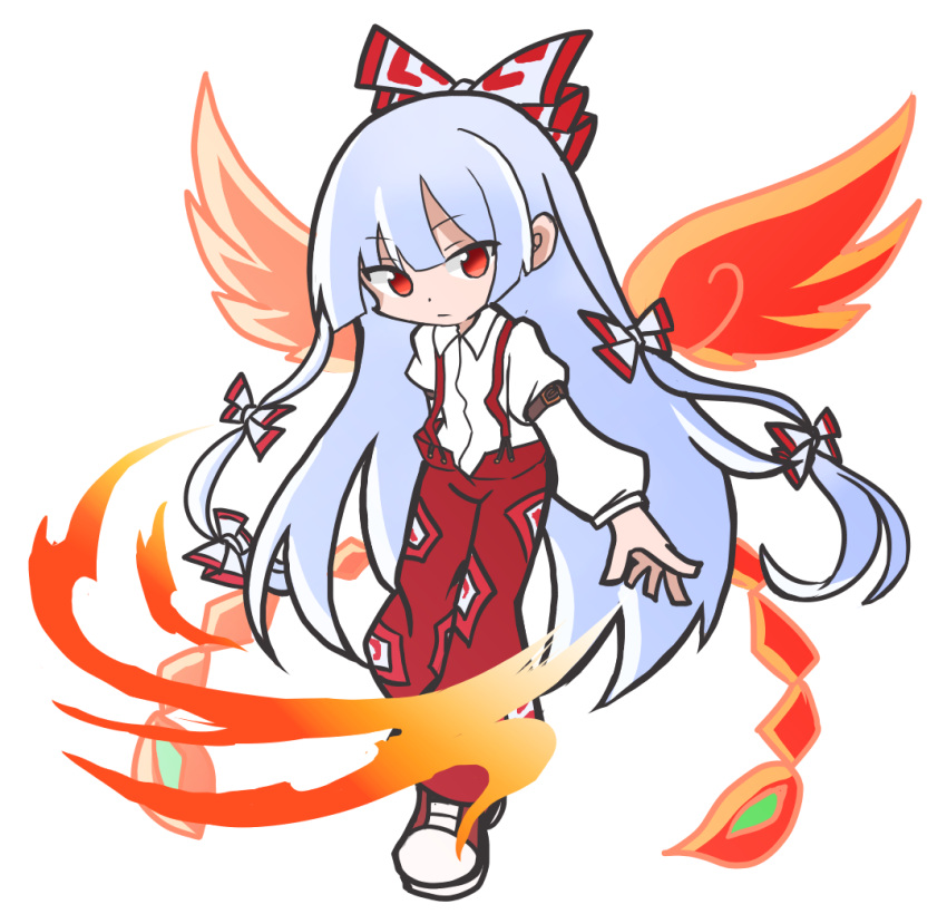 1girl bow closed_mouth collared_shirt fiery_wings fujiwara_no_mokou full_body hair_bow long_hair long_sleeves looking_at_viewer multiple_bows ofuda ofuda_on_clothes pants puyopuyo red_eyes red_footwear red_pants shinmon_akika shirt simple_background solo suspenders touhou white_background white_hair white_shirt wings