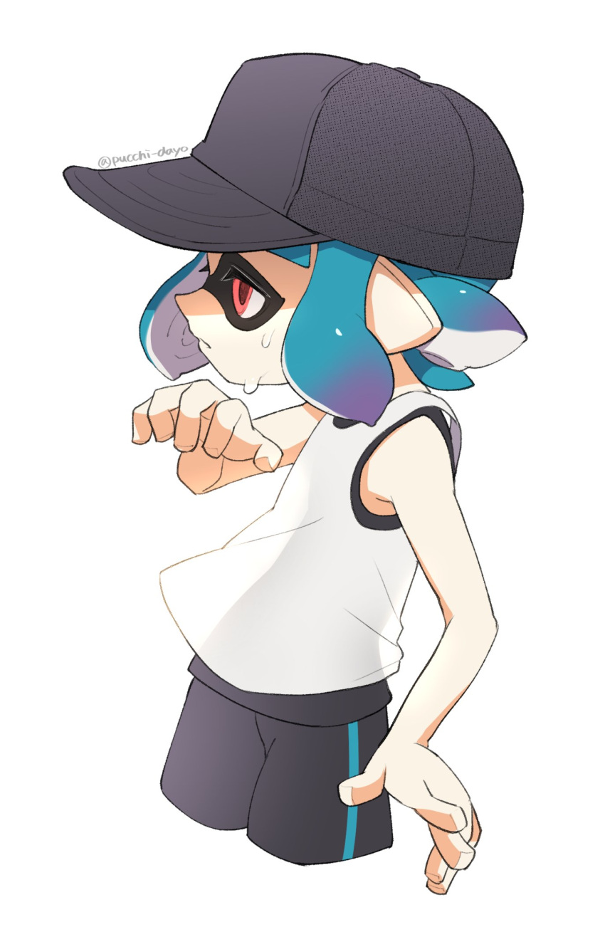 1girl bare_arms bare_shoulders baseball_cap black_headwear blue_hair flat_chest gradient_hair hat highres inkling inkling_girl multicolored_hair pink_eyes pointy_ears puchiman purple_hair short_hair simple_background single_vertical_stripe solo splatoon_(series) suction_cups sweat tank_top tentacle_hair twitter_username two-tone_hair white_background white_tank_top