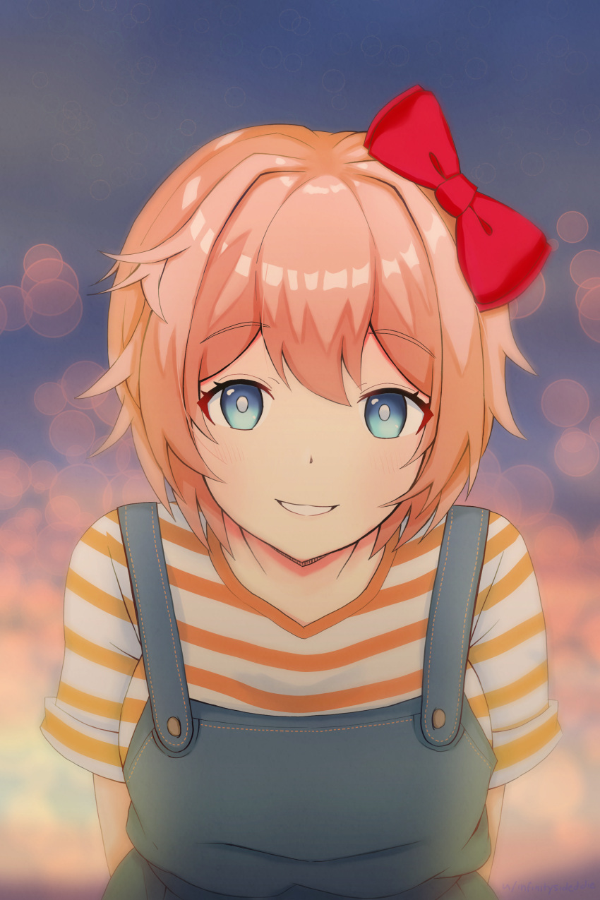 1girl absurdres arms_behind_back bangs bloom blue_eyes blue_overalls blurry blush bokeh bow buttons commentary depth_of_field doki_doki_literature_club grin hair_between_eyes hair_bow hair_ornament happy highres infinitysideddie leaning_forward looking_at_viewer outdoors overalls pink_hair red_bow sayori_(doki_doki_literature_club) shirt short_hair smile solo striped striped_shirt t-shirt upper_body