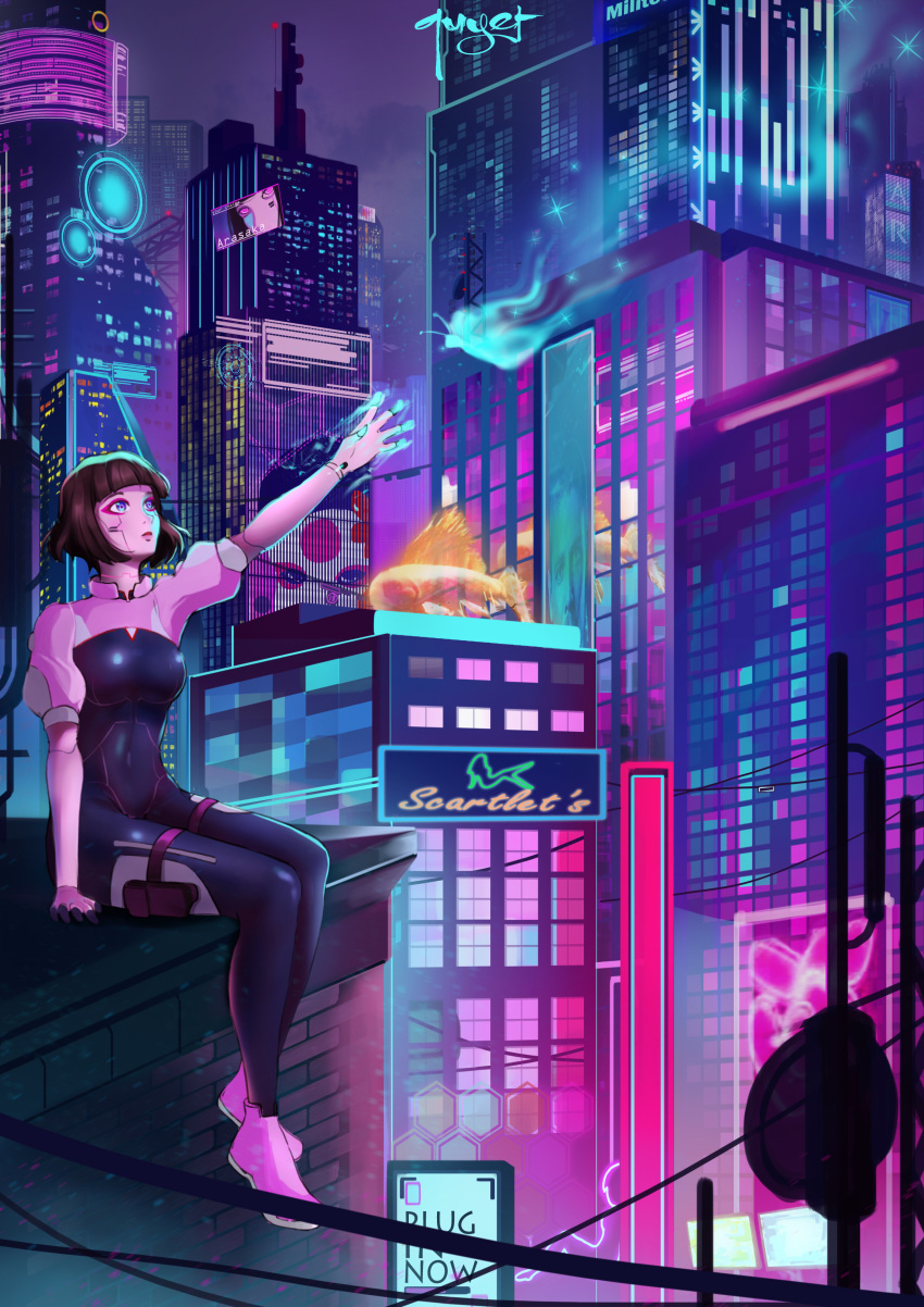 1girl absurdres bangs black_hair blue_eyes blunt_bangs bob_cut bodysuit breasts city cyberpunk_(series) cyberpunk_edgerunners eyeshadow highres holster makeup medium_breasts sasha_(cyberpunk) shrug_(clothing) sitting solo thigh_holster vanquyet