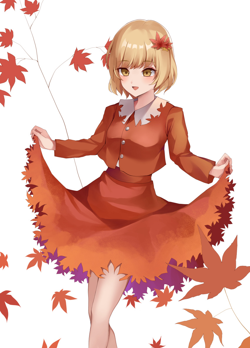 1girl absurdres aki_shizuha blonde_hair blush buttons clothes_lift feet_out_of_frame highres koizumo leaf leaf_on_head lifted_by_self long_sleeves open_mouth red_shirt red_skirt shirt short_hair simple_background skirt skirt_lift smile solo touhou white_background yellow_eyes