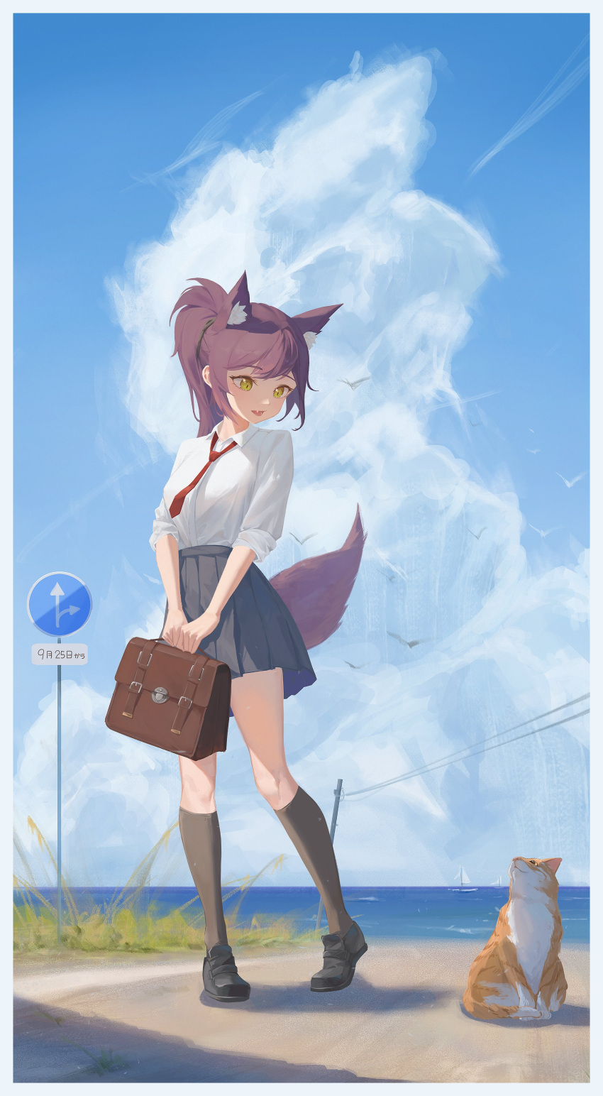 1girl absurdres aged_down animal_ear_fluff animal_ears bag bangs bird black_footwear black_hair black_skirt black_socks boat breasts cat clouds collared_shirt day dress_shirt fang fox_ears fox_girl fox_tail frost_002 full_body green_eyes hair_between_eyes highres kneehighs loafers long_hair long_sleeves looking_at_another looking_down medium_breasts meridian_project miniskirt necktie ocean open_mouth outdoors pleated_skirt ponytail red_necktie road_sign school_bag school_uniform seki_(vtuber) shirt shoes sign skin_fang skirt sleeves_pushed_up smile socks solo standing tail virtual_youtuber watercraft white_shirt