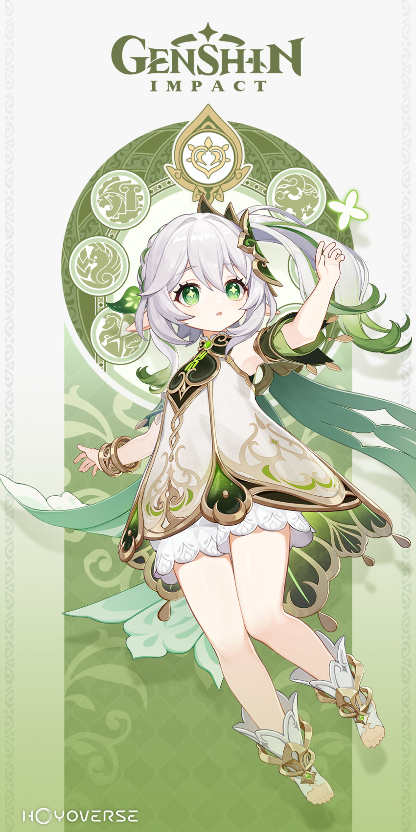 1girl anklet arm_up boots bracelet braid cape choker commentary detached_sleeves dress english_commentary floating flower flower-shaped_pupils full_body genshin_impact gold_trim green_cape green_hair green_sleeves hair_ornament highres jewelry leaf_hair_ornament long_hair multicolored_hair nahida_(genshin_impact) official_art pointy_ears short_sleeves shorts shoulder_cape side_ponytail solo stirrup_footwear streaked_hair symbol-shaped_pupils tassel white_dress white_footwear white_hair white_shorts