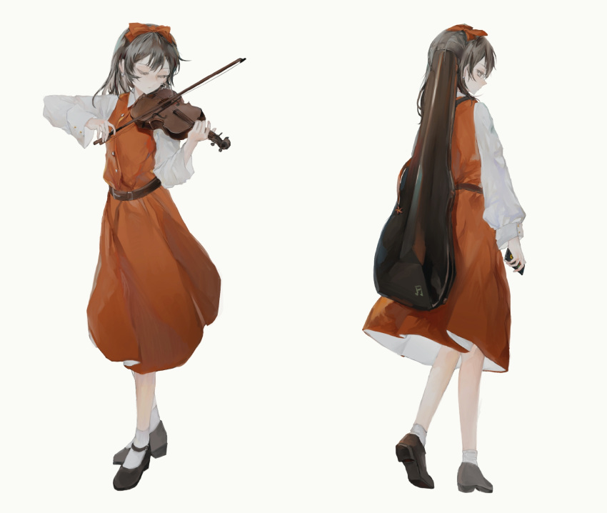1girl adapted_costume bangs beamed_sixteenth_notes bow brown_eyes brown_hair cellphone closed_eyes closed_mouth collared_shirt commentary contemporary dress earrings facing_viewer full_body hair_bow hakurei_reimu highres holding holding_bow_(music) holding_phone instrument instrument_case instrument_on_back jewelry long_hair long_sleeves looking_to_the_side mary_janes multiple_views music musical_note phone pinafore_dress playing_instrument profile red_bow red_dress shirt shoes simple_background smartphone socks symbol-only_commentary touhou violin white_background white_shirt white_socks yinyong_yu