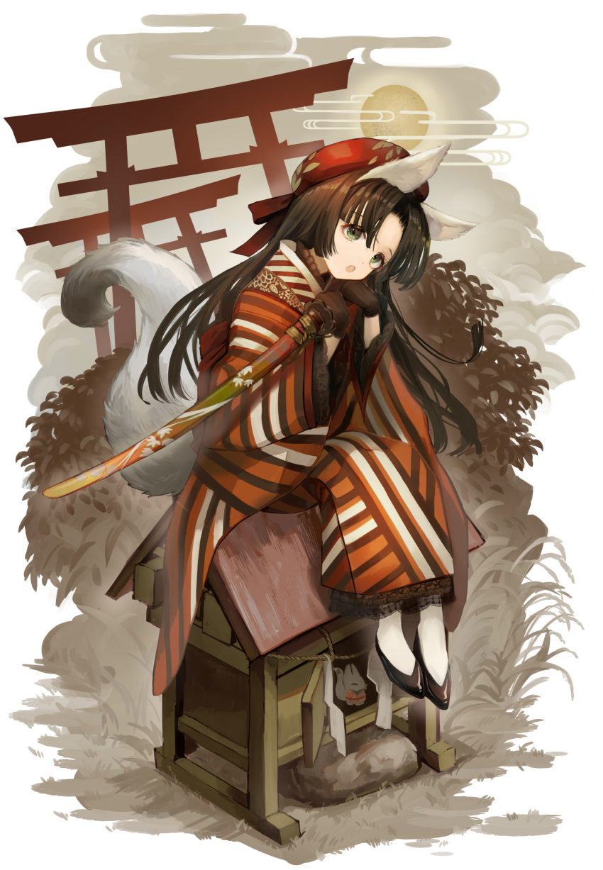 1girl :o animal_ears black_footwear black_gloves black_hair commission egasumi fox_ears fox_girl fox_tail full_body gloves green_eyes hemorina highres holding holding_sword holding_weapon japanese_clothes kimono long_hair long_sleeves looking_at_viewer open_mouth original outdoors plant sheath sheathed shoes sitting skeb_commission solo striped striped_kimono sun sword tail torii very_long_hair weapon wide_sleeves