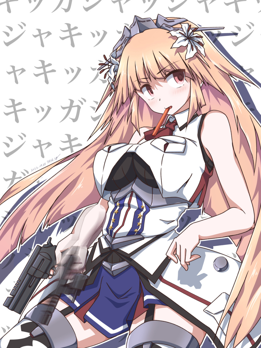 1girl 547th_sy afterimage black_shirt blonde_hair blue_skirt breast_pocket breasts brooklyn_(kancolle) commentary_request cowboy_shot empty_eyes garter_straps gun headgear highres holding holding_gun holding_weapon jacket kantai_collection large_breasts long_hair looking_at_viewer military military_uniform mouth_hold neckerchief overskirt pocket red_eyes shirt skirt sleeveless sleeveless_jacket solo stick thigh-highs translation_request undershirt uniform weapon weapon_request white_jacket yandere