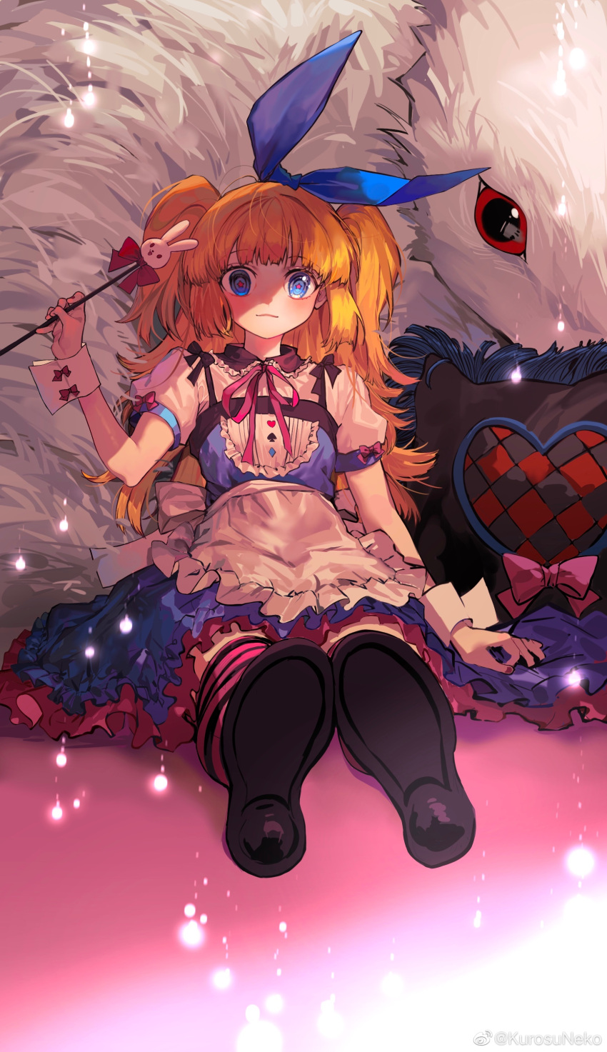 1girl :3 absurdres alice_(alice_in_wonderland) alice_in_wonderland animal apron back_bow bangs black_bow black_footwear blonde_hair blue_bow blue_dress blue_eyes blunt_bangs bow bright_pupils buttons closed_mouth collared_shirt commentary cross_neko cushion diamond_button dress fingernails frilled_shirt_collar frills full_body hair_bow heart_button highres holding holding_wand long_hair looking_at_viewer neck_ribbon original oversized_animal petticoat pink_bow pink_pupils pink_ribbon pink_thighhighs puffy_short_sleeves puffy_sleeves rabbit ribbon shirt shoes short_sleeves solo striped striped_thighhighs thigh-highs twintails two_side_up waist_apron wand weibo_logo weibo_username white_apron white_bow white_shirt wrist_cuffs