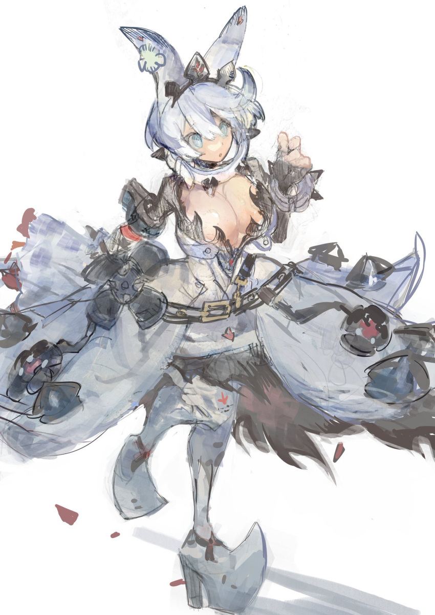 1girl 2344 :o animal_ears belt blue_eyes breasts chain collar dress elphelt_valentine fake_animal_ears guilty_gear guilty_gear_xrd high_heels highres large_breasts open_mouth petals short_hair solo spiked_collar spikes tiara white_background white_collar white_dress white_hair white_headwear wrist_cuffs