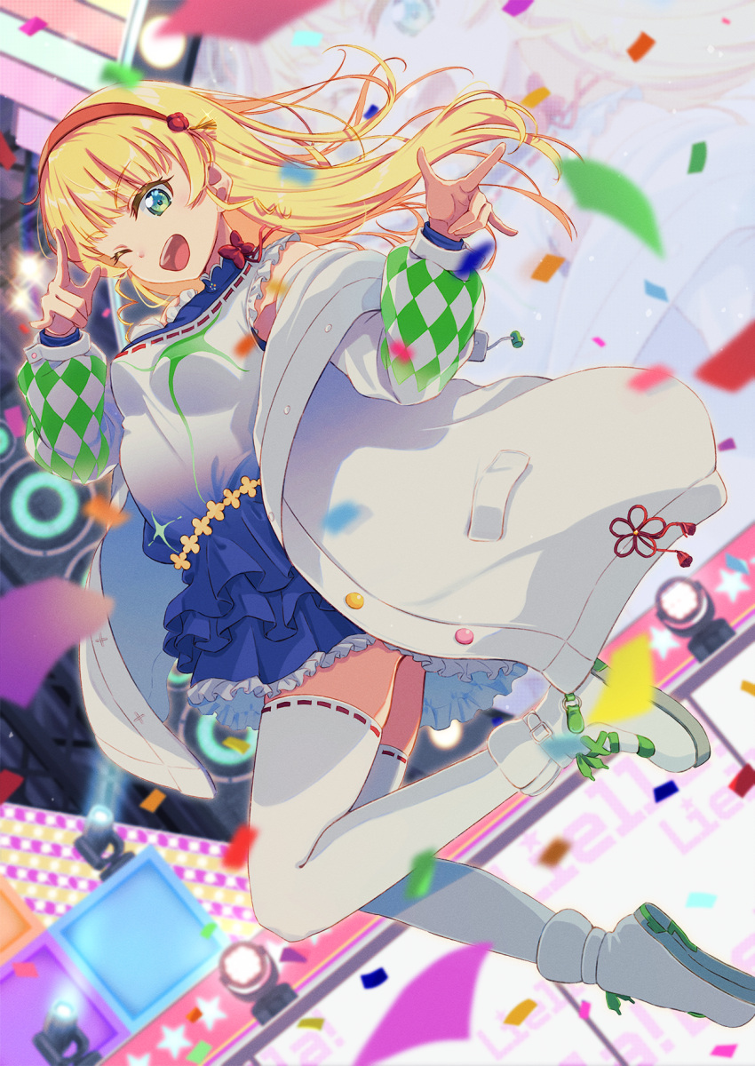 1girl blonde_hair breasts dress green_hair grey_dress hair_ornament heanna_sumire highres jewelry long_hair looking_at_viewer love_live! love_live!_superstar!! macken medium_breasts open_mouth orange_hair skirt smile solo