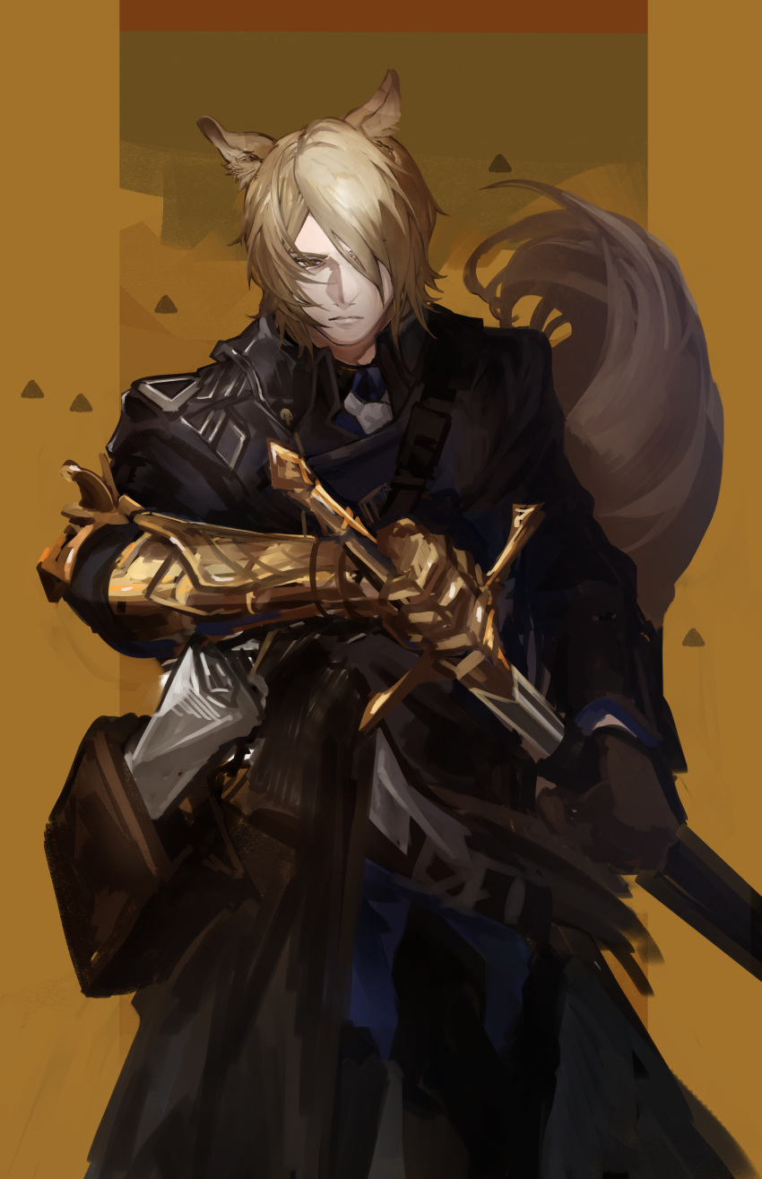 1boy absurdres animal_ears arknights black_coat black_pants blonde_hair closed_mouth coat commentary drawing_sword gauntlets hair_over_one_eye highres hisafuji holding holding_sword holding_weapon horse_ears horse_tail looking_at_viewer male_focus mlynar_(arknights) one_eye_covered pants sheath short_hair simple_background single_gauntlet solo sword tail trench_coat unsheathing weapon yellow_background yellow_eyes
