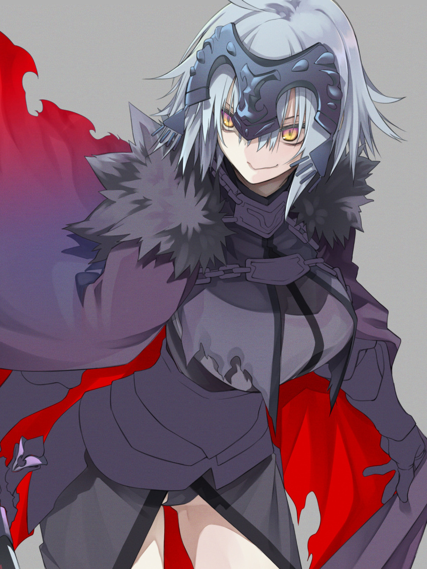 10mo 1girl black_panties breasts cape chain cowter fate_(series) from_above fur_collar gauntlets gorget grey_hair headpiece highres hilt jeanne_d'arc_alter_(fate) large_breasts looking_to_the_side pale_skin panties short_hair smile solo sword underwear weapon yellow_eyes