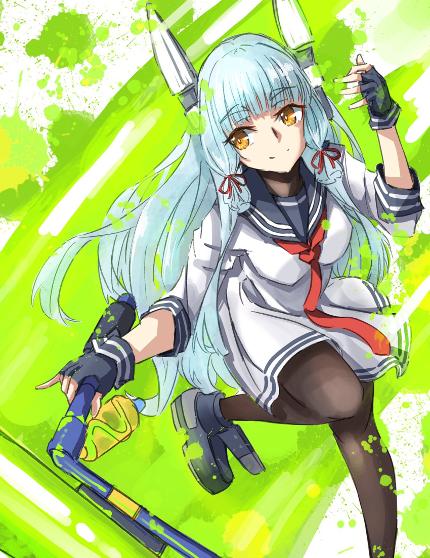 1girl aqua_hair bangs black_gloves black_pantyhose blue_sailor_collar blunt_bangs breasts cowboy_shot dress fingerless_gloves gloves hair_ribbon headgear highres kantai_collection long_hair murakumo_(kancolle) necktie orange_eyes paint paint_roller paint_splatter pantyhose red_necktie ribbon sailor_collar sailor_dress short_eyebrows short_sleeves sidelocks small_breasts smile solo standing standing_on_one_leg thighband_pantyhose tonke tress_ribbon