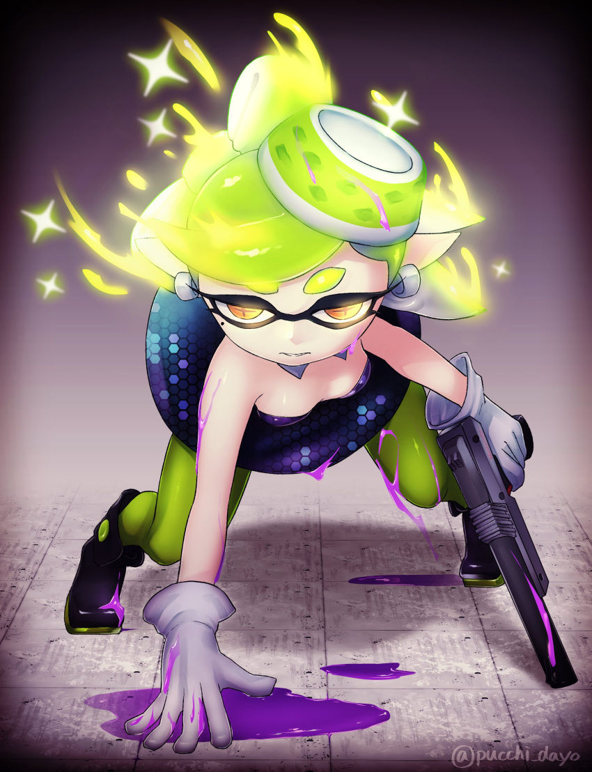 1girl absurdres ankle_boots bare_shoulders black_footwear boots breasts cross-shaped_pupils detached_collar dress earrings full_body gloves glowing glowing_hair green_pantyhose highres holding jewelry light_green_hair marie_(splatoon) mole mole_under_eye n-zap_(splatoon) paint pantyhose pointy_ears puchiman short_dress short_hair small_breasts solo sparkle splatoon_(series) splatoon_1 strapless strapless_dress suction_cups tentacle_hair twitter_username white_gloves yellow_eyes