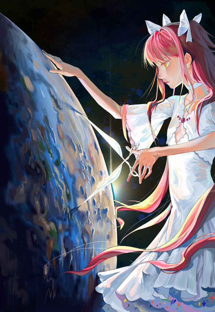 1girl absurdres bangs bow choker collarbone cowboy_shot cutting dress earth_(planet) from_side giant giantess goddess_madoka hair_bow highres holding holding_scissors kaname_madoka long_hair looking_ahead mahou_shoujo_madoka_magica pink_hair planet scissors serious sfwiwiwts solar_flare solo space spark two_side_up white_choker white_dress wide_sleeves yellow_eyes