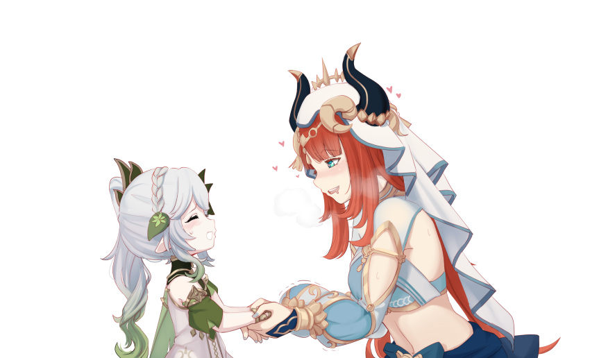 2girls bangs braid circlet closed_eyes clothing_cutout crop_top drooling forehead_jewel genshin_impact gold_trim hair_ornament heart heart-shaped_pupils heavy_breathing highres hiwonoafu holding_hands horns long_sleeves multiple_girls nahida_(genshin_impact) nilou_(genshin_impact) parted_bangs ponytail puffy_long_sleeves puffy_sleeves redhead shrug_(clothing) simple_background skirt smile sweat symbol-shaped_pupils upper_body vambraces veil white_background white_hair yuri