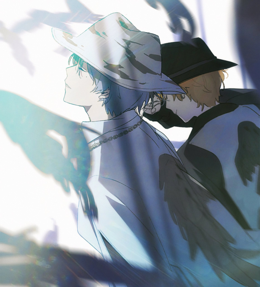 2boys aoyagi_touya bird black_headwear blue_hair blurry bokeh chain_necklace closed_eyes closed_mouth collared_shirt crow darkness depth_of_field earrings eyelashes eyes_visible_through_hair fedora fingernails from_behind gold_necklace hat head_back highres jewelry lens_flare light light_blue_hair light_smile long_sleeves male_focus mokux_(mo_ku) mole mole_under_eye motion_blur multiple_boys necklace orange_hair parted_lips profile project_sekai raglan_sleeves shade shading_eyes shinonome_akito shirt side-by-side simple_background white_background white_headwear white_shirt wing_print