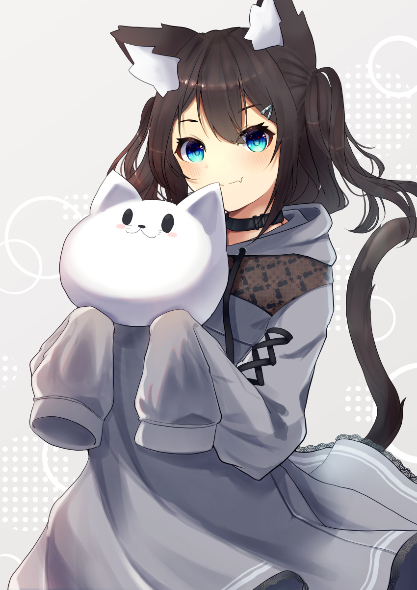 1girl absurdres animal_ear_fluff animal_ears bangs black_hair blue_eyes blush cat_ears cat_girl cat_tail closed_mouth drawstring fang fang_out grey_background grey_hoodie hair_between_eyes hands_up highres hinata_(user_rjkt4745) holding hood hood_down hoodie long_hair long_hoodie looking_at_viewer original simple_background sleeves_past_fingers sleeves_past_wrists smile solo tail tail_raised two_side_up
