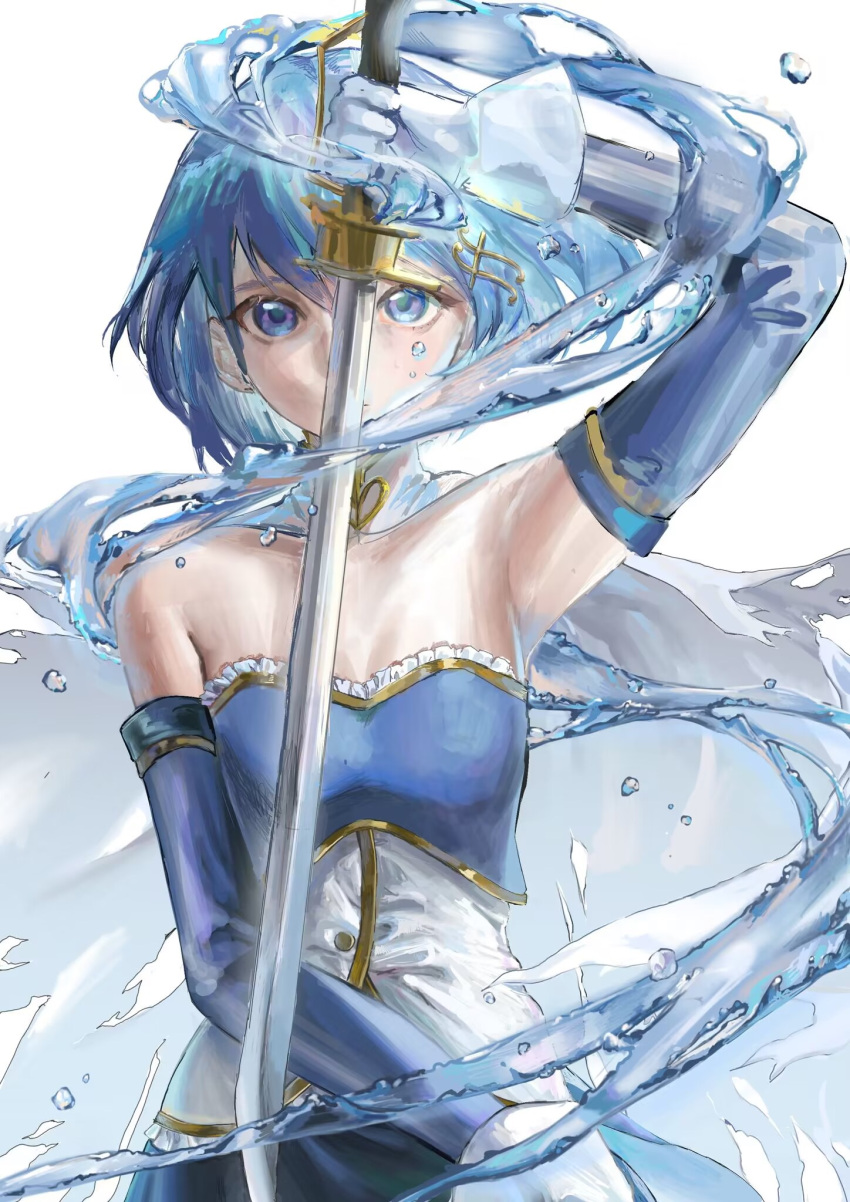 1girl arm_up armpits bangs bare_shoulders blue_eyes blue_hair blue_skirt bodice cape chinese_commentary chousile683 commentary_request covered_mouth covering_mouth cowboy_shot detached_sleeves frills gloves hair_ornament highres holding holding_sword holding_weapon hydrokinesis looking_at_viewer magical_girl mahou_shoujo_madoka_magica miki_sayaka musical_note musical_note_hair_ornament short_hair simple_background skirt solo standing straight-on sword torn_cape torn_clothes water water_drop weapon white_background white_cape white_gloves