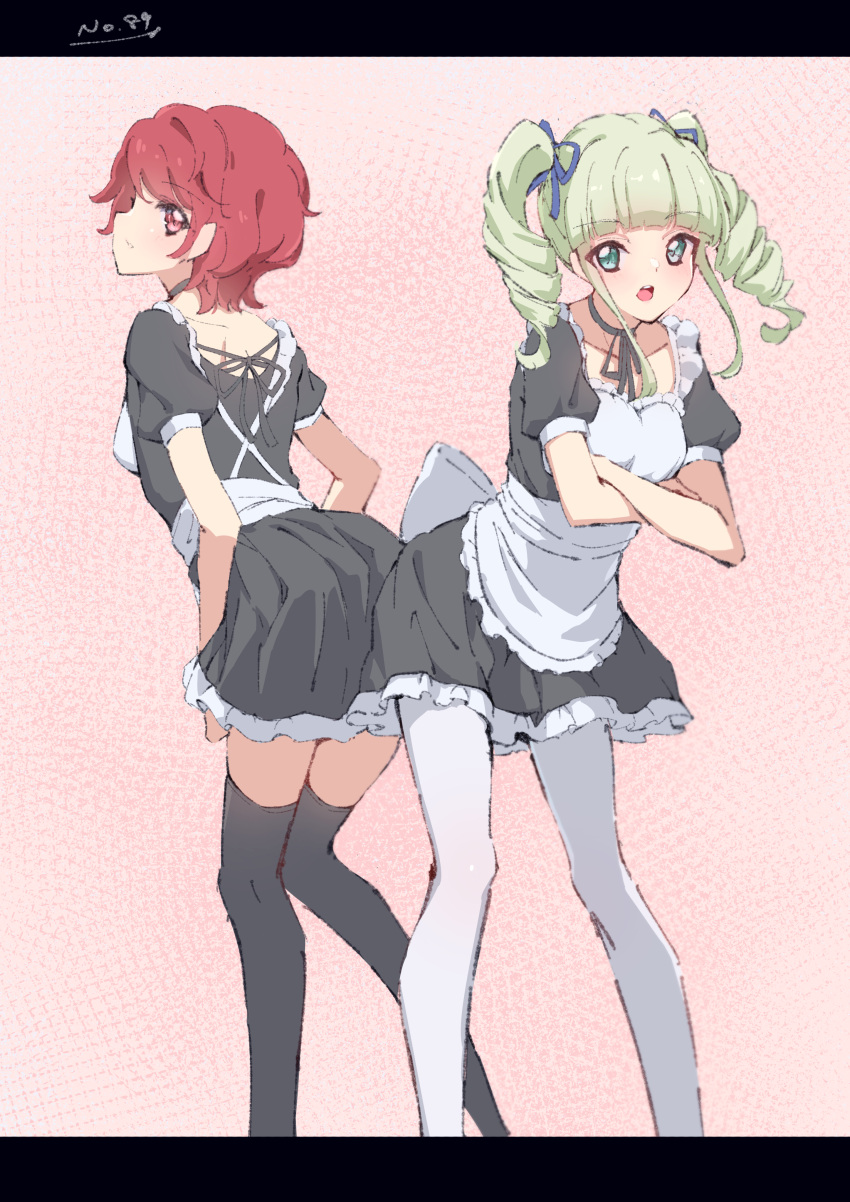 2girls absurdres aikatsu! aikatsu!_(series) alternate_costume apron back_bow black_border black_ribbon black_thighhighs blonde_hair blue_ribbon border bow choker collarbone crossed_arms drill_hair enmaided frilled_skirt frills giep4869 green_eyes grey_shirt grey_skirt hair_ribbon highres ichinose_kaede leaning_forward letterboxed long_hair looking_at_viewer maid miniskirt multiple_girls open_mouth pantyhose pink_background red_eyes ribbon ribbon_choker shiny shiny_hair shirt short_hair short_sleeves skirt standing thigh-highs toudou_yurika twin_drills twintails white_apron white_bow white_pantyhose zettai_ryouiki