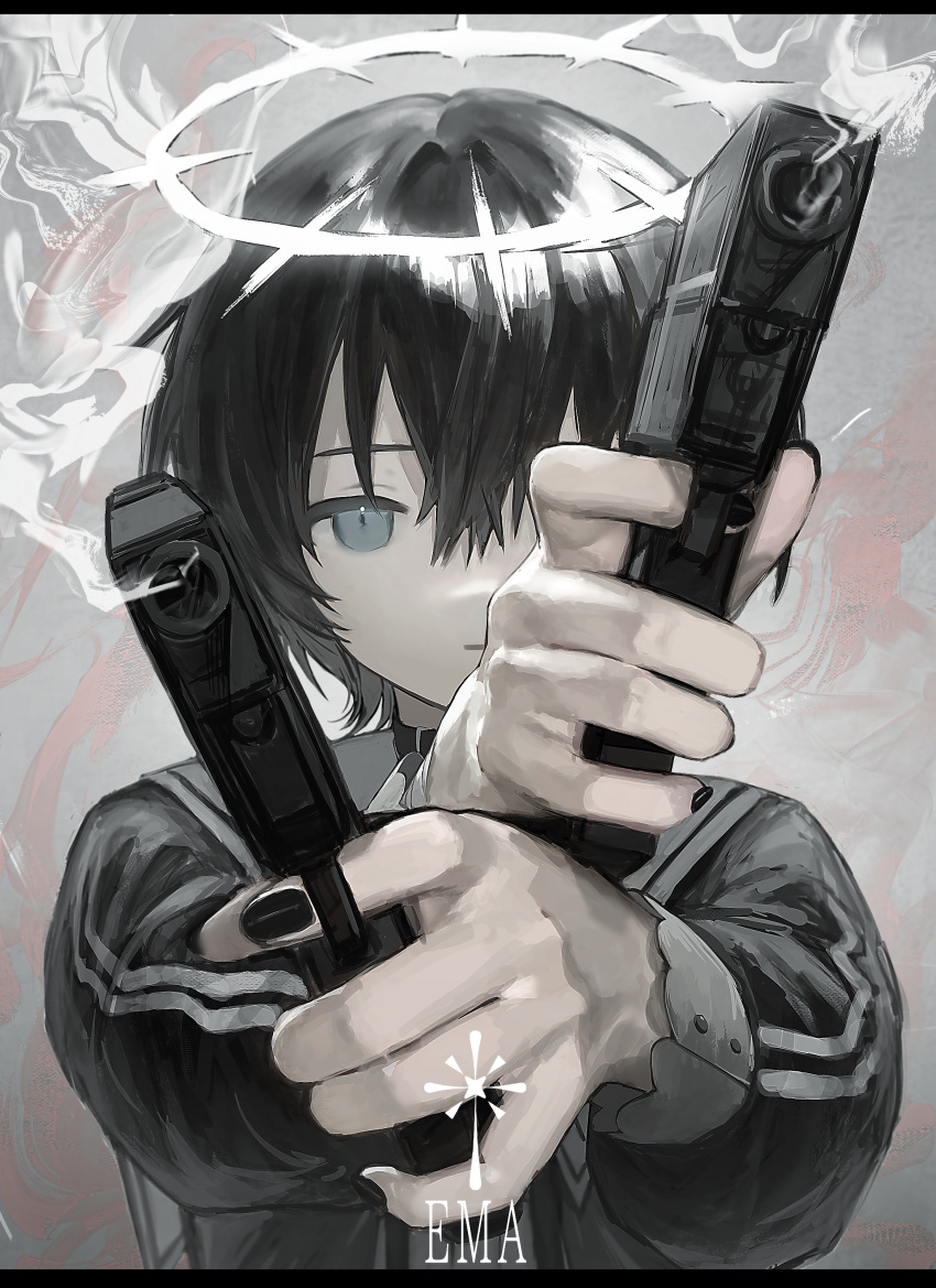 1girl absurdres black_hair black_nails blue_eyes closed_mouth commentary_request compass_rose_halo dual_wielding dustcell ema_(singer) finger_on_trigger grey_background gun halo handgun highres holding holding_gun holding_weapon long_sleeves no_nose sailor_collar short_hair smoke smoking_gun solo weapon xoxzxox