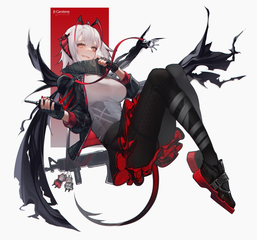 1girl absurdres antennae arknights artist_name demon_girl demon_horns demon_tail gun highres horns jacket lufi_ays short_hair skirt solo tail two-tone_background w_(arknights) weapon white_hair yellow_eyes