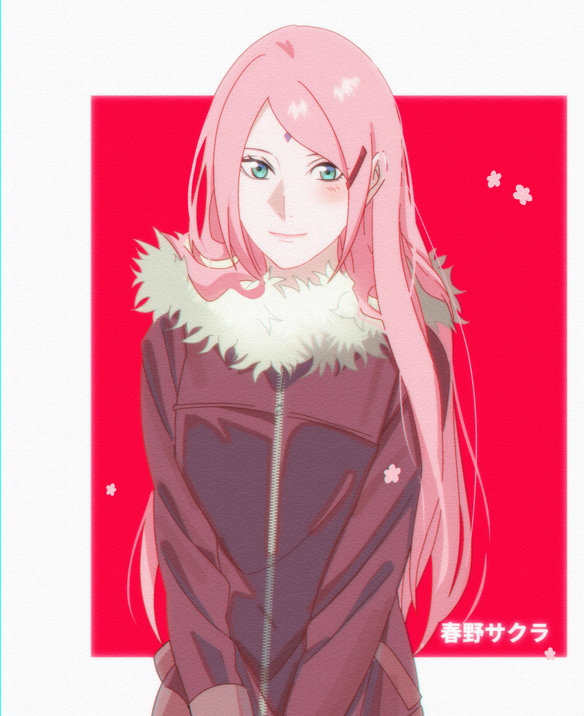 1girl absurdres boruto:_naruto_next_generations character_name coat forehead green_eyes hair_ornament hairclip haruno_sakura highres long_hair naruto_(series) niku_(ni23ku) pink_hair smile solo upper_body winter_clothes winter_coat