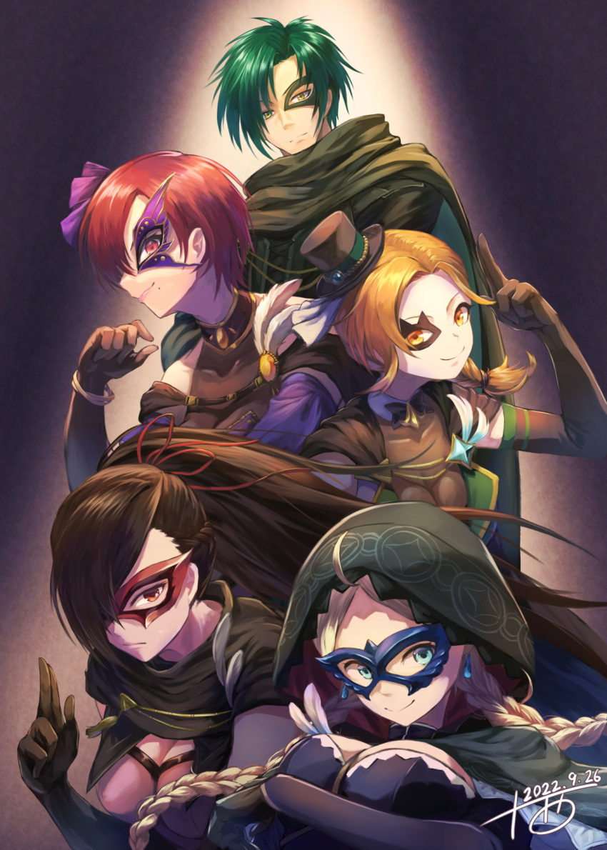 1boy 4girls ahoge bangs blue_eyes braid breasts brown_eyes brown_hair cath_(fire_emblem) closed_mouth commission earrings eye_mask fire_emblem fire_emblem:_radiant_dawn fire_emblem:_the_binding_blade fire_emblem:_the_blazing_blade fire_emblem_fates fire_emblem_heroes green_hair grey_hair hair_over_one_eye hat highres hood hood_up jewelry juunishi_aya kagero_(fire_emblem) large_breasts leila_(fire_emblem) long_hair looking_at_viewer low_twintails medium_breasts multiple_girls nina_(fire_emblem) orange_eyes orange_hair parted_bangs ponytail red_eyes redhead skeb_commission smile sothe_(fire_emblem) top_hat twin_braids twintails yellow_eyes