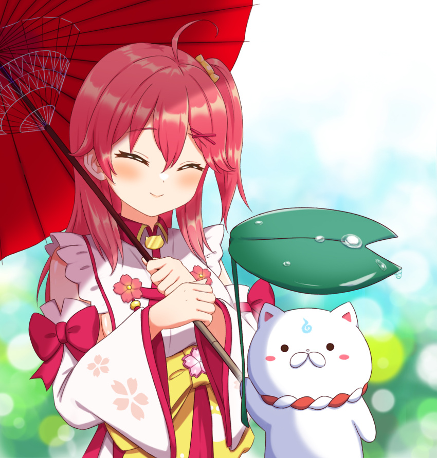 1girl 35p_(sakura_miko) ahoge blush closed_eyes closed_mouth detached_sleeves facing_viewer hachiman_tanuki hair_ornament hairclip highres holding holding_umbrella hololive long_hair nontraditional_miko obi oil-paper_umbrella one_side_up pink_hair rain sakura_miko sash solo umbrella virtual_youtuber wide_sleeves x_hair_ornament