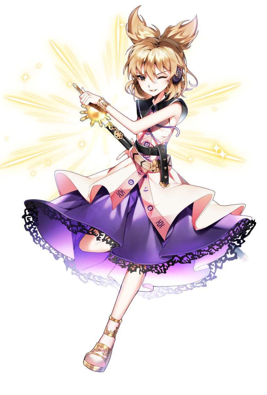 1girl absurdres bangs blush full_body highres j_(ppxx3543) lace-trimmed_skirt lace_trim one_eye_closed open_mouth purple_skirt ritual_baton skirt sleeveless solo touhou toyosatomimi_no_miko