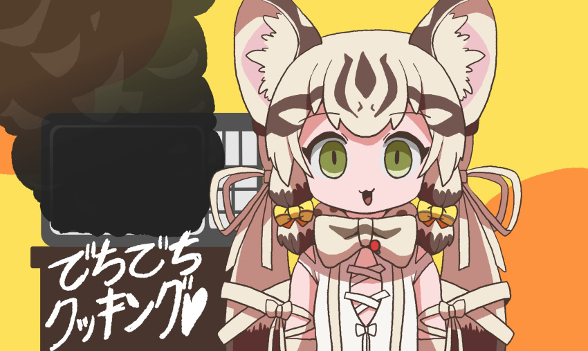 1girl animal_costume animal_ear_fluff animal_ears bow bowtie brown_hair cat_ears cat_girl cooking extra_ears geoffroy's_cat_(kemono_friends) green_eyes highres kemono_friends kemono_friends_v_project long_hair looking_at_viewer microphone microwave multicolored_hair onaji_(sokudo_seigen) open_mouth ribbon shirt simple_background solo twintails virtual_youtuber