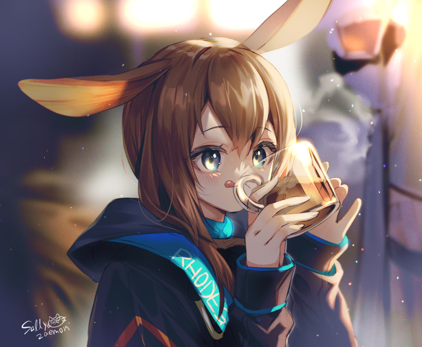 1girl amiya_(arknights) animal_ears arknights bangs black_jacket blue_eyes blurry blurry_background blush brown_hair closed_mouth cup depth_of_field drink hair_between_eyes hands_up highres holding holding_cup hood hood_down hooded jacket long_hair long_sleeves looking_away puffy_long_sleeves puffy_sleeves rabbit_ears sallyzaemon signature sleeves_past_wrists solo tongue tongue_out transparent upper_body