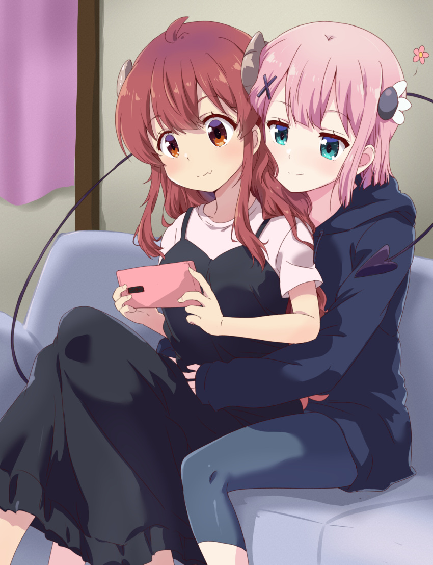 2girls ahoge blush brown_eyes brown_hair cellphone chiyoda_momo couch curled_horns demon_girl demon_horns demon_tail gobera highres horns hug hug_from_behind indoors long_hair machikado_mazoku multiple_girls pants phone pink_hair short_hair skirt smartphone sweater tail yoshida_yuuko_(machikado_mazoku)