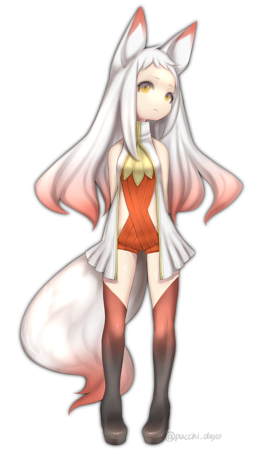 1girl absurdres animal_ears arms_behind_back bare_shoulders closed_mouth fox_ears fox_girl fox_tail frown full_body gradient gradient_hair gradient_legwear highres legs_apart long_hair multicolored_hair multicolored_tail no_nose original puchiman red_tail redhead simple_background solo standing tail thigh-highs turtleneck twitter_username two-tone_hair white_background white_hair white_tail yellow_eyes