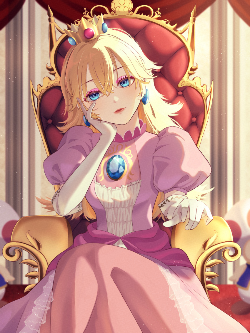 1girl absurdres blonde_hair blue_eyes crown dress earrings elbow_gloves eyeshadow gloves hair_between_eyes hand_on_own_head head_rest highres jewelry lipgloss lipstick long_hair looking_at_viewer makeup nagi-negitoro nintendo_switch pink_dress pink_lips princess_peach princess_peach's_castle revision sitting solo super_mario_bros. throne toad_(mario) white_gloves